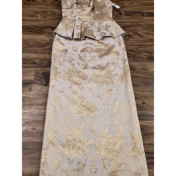 $628 David Meister Women Size 6 Sleeveless Illusion Peplum Gown Dress Gold Cream - Picture 2 of 9